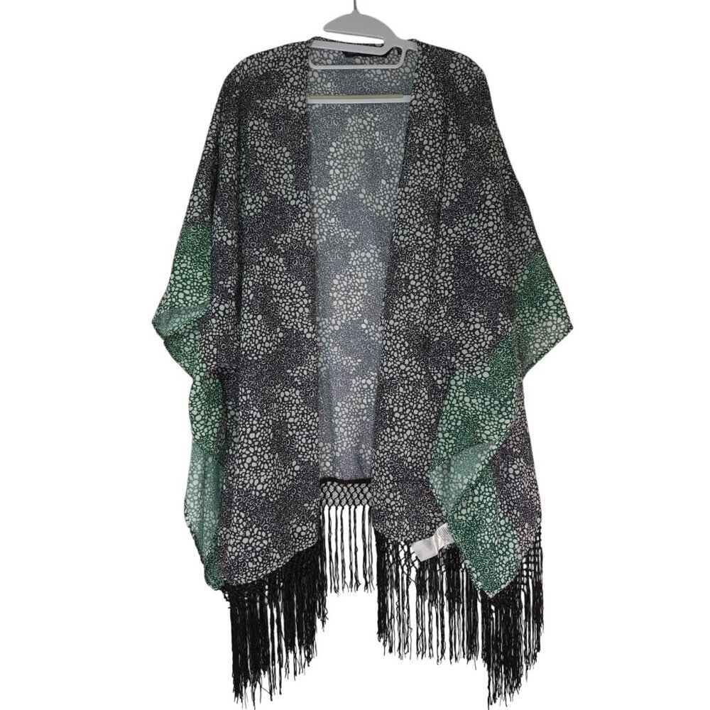 Colleen Lopez Womens 1X Black Green Fringe Kimono Open Front Cardigan Cover Up.